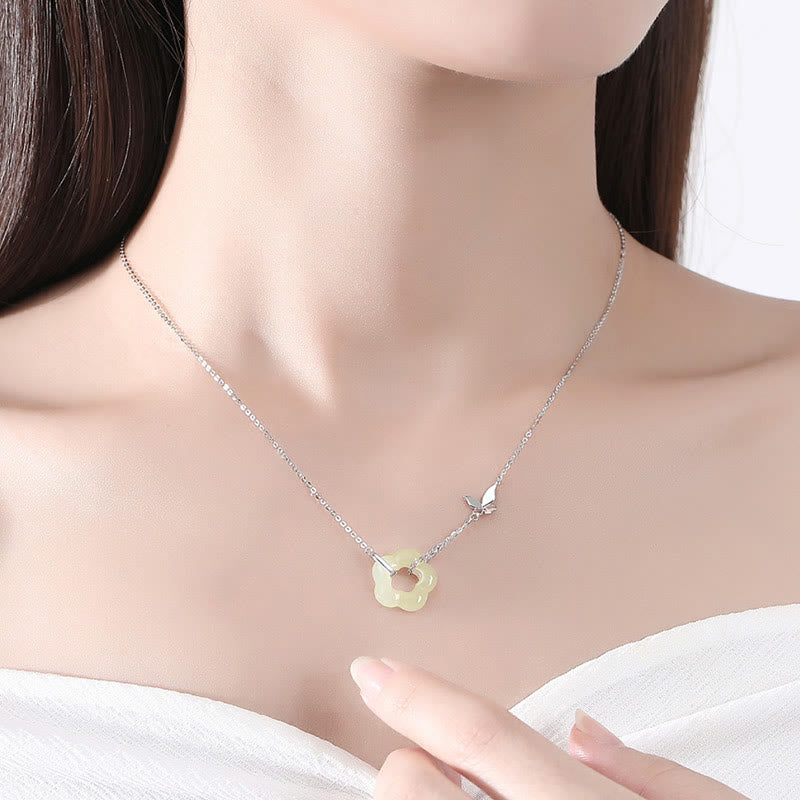 Buddha Stones 925 Sterling Silver Butterfly Hetian Jade Flower Blessing Necklace Pendant - image 8
