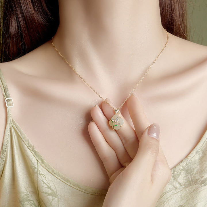 Buddha Stones 925 Sterling Silver Magnolia Butterfly Hetian Jade Four Leaf Clover Blessing Earrings Necklace Pendant - image 2