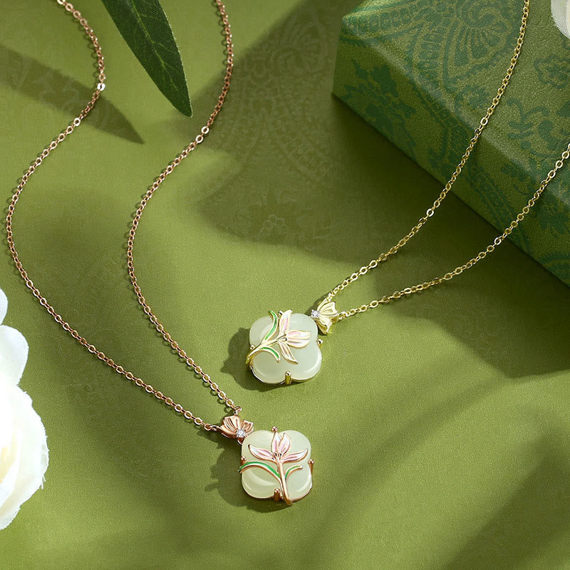 Buddha Stones 925 Sterling Silver Magnolia Butterfly Hetian Jade Four Leaf Clover Blessing Earrings Necklace Pendant - image 8