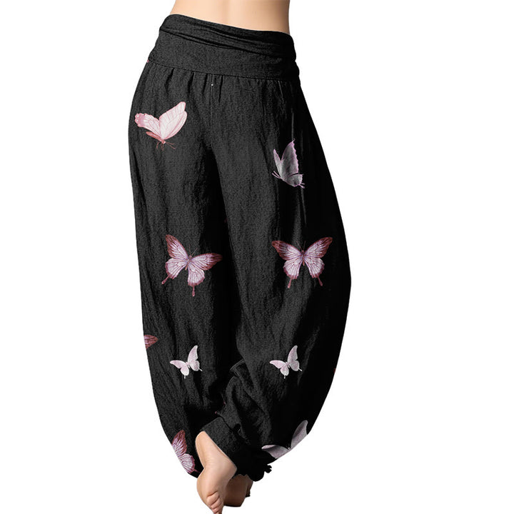 Buddha Stones Butterfly Pattern Women's Elastic Waist Harem Pants