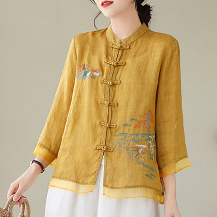 Buddha Stones Embroidery Frog-button Design Three Quarter Sleeve Women's Shirt