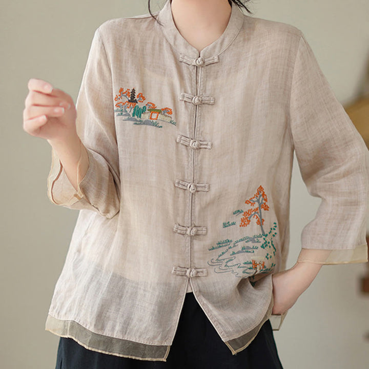 Buddha Stones Embroidery Frog-button Design Three Quarter Sleeve Women's Shirt