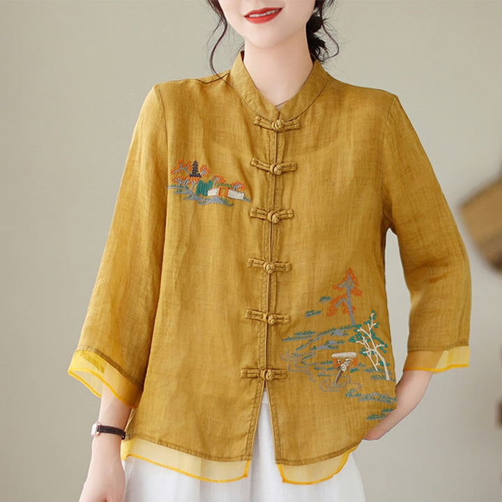 Buddha Stones Embroidery Frog-button Design Three Quarter Sleeve Women's Shirt