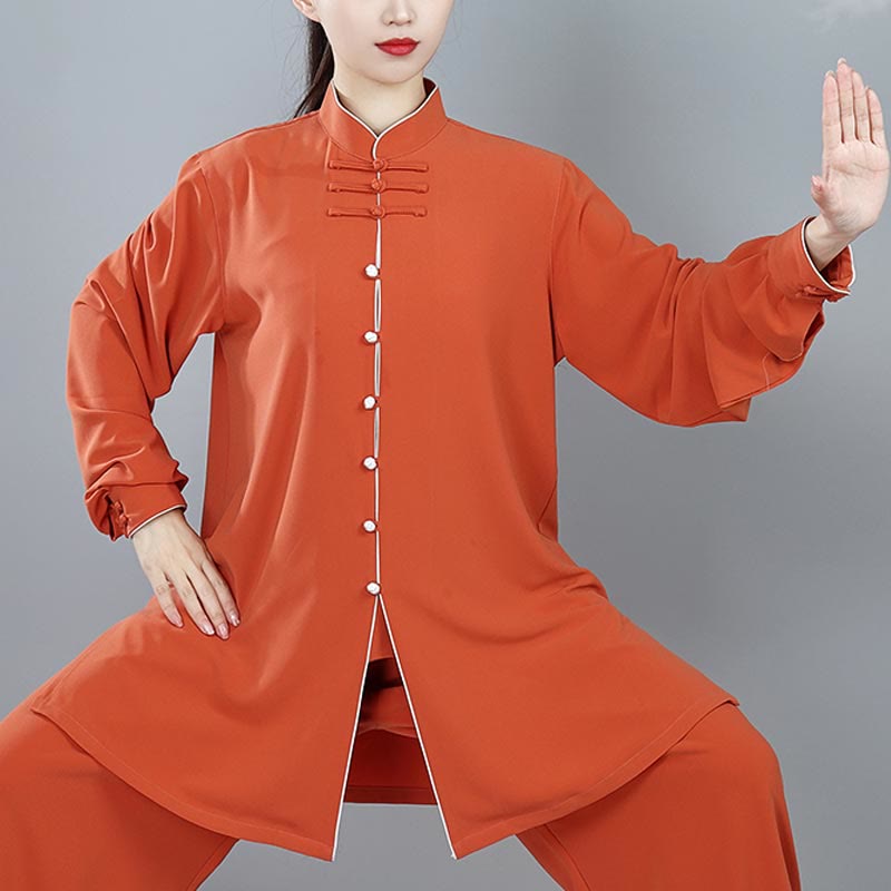 Buddha Stones 2Pcs Fall Solid Color Frog-Button Tai Chi Meditation Qigong Zen Practice Unisex Cotton Clothing Set