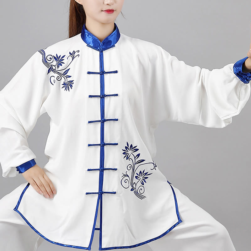 Buddha Stones 2Pcs Fall Blue Embroidery Flowers Frog-Button Tai Chi Meditation Qigong Zen Practice Unisex Cotton Clothing Set