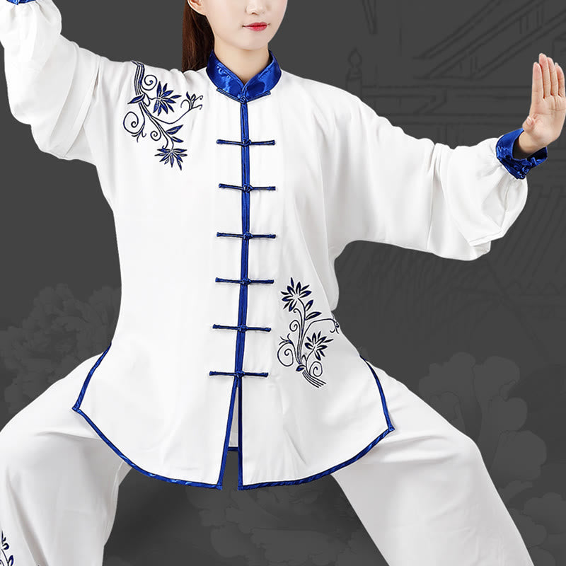 Buddha Stones 2Pcs Fall Blue Embroidery Flowers Frog-Button Tai Chi Meditation Qigong Zen Practice Unisex Cotton Clothing Set