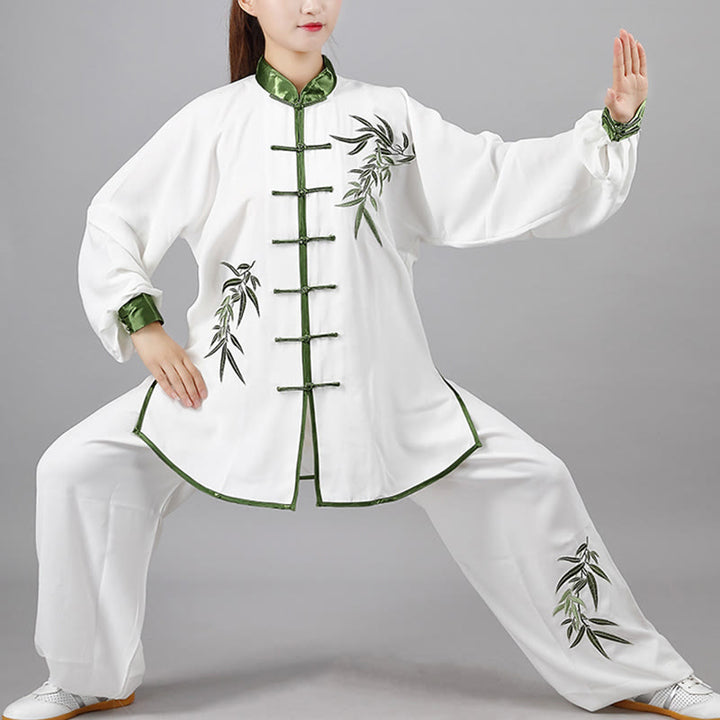 Buddha Stones 2Pcs Fall Green Bamboo Leaves Embroidery Frog-Button Tai Chi Meditation Qigong Zen Practice Unisex Cotton Clothing Set