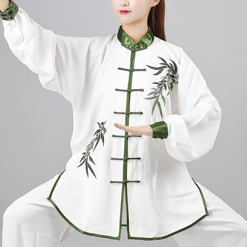 Buddha Stones 2Pcs Fall Green Bamboo Leaves Embroidery Frog-Button Tai Chi Meditation Qigong Zen Practice Unisex Cotton Clothing Set