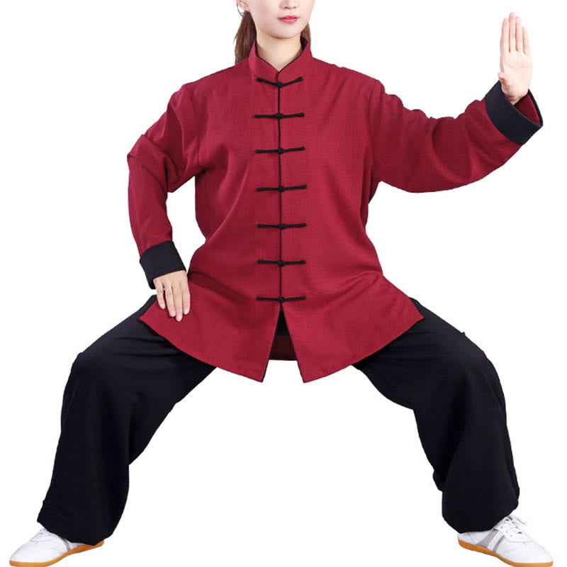 Buddha Stones 2Pcs Fall Winter Frog-Button Tai Chi Meditation Qigong Zen Practice Unisex Cotton Linen Clothing Set