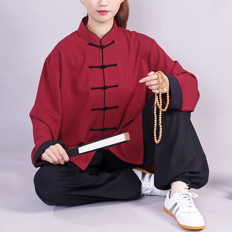 Buddha Stones 2Pcs Fall Winter Frog-Button Tai Chi Meditation Qigong Zen Practice Unisex Cotton Linen Clothing Set - image 6