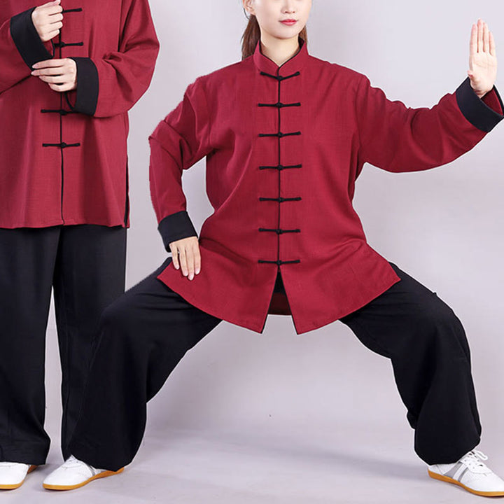 Buddha Stones 2Pcs Fall Winter Frog-Button Tai Chi Meditation Qigong Zen Practice Unisex Cotton Linen Clothing Set - image 3