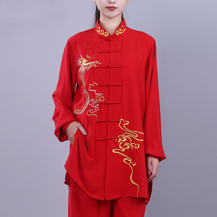 Buddha Stones 2Pcs Fall Embroidery Dragon Frog-Button Tai Chi Meditation Qigong Zen Practice Unisex Cotton Clothing Set - image 17