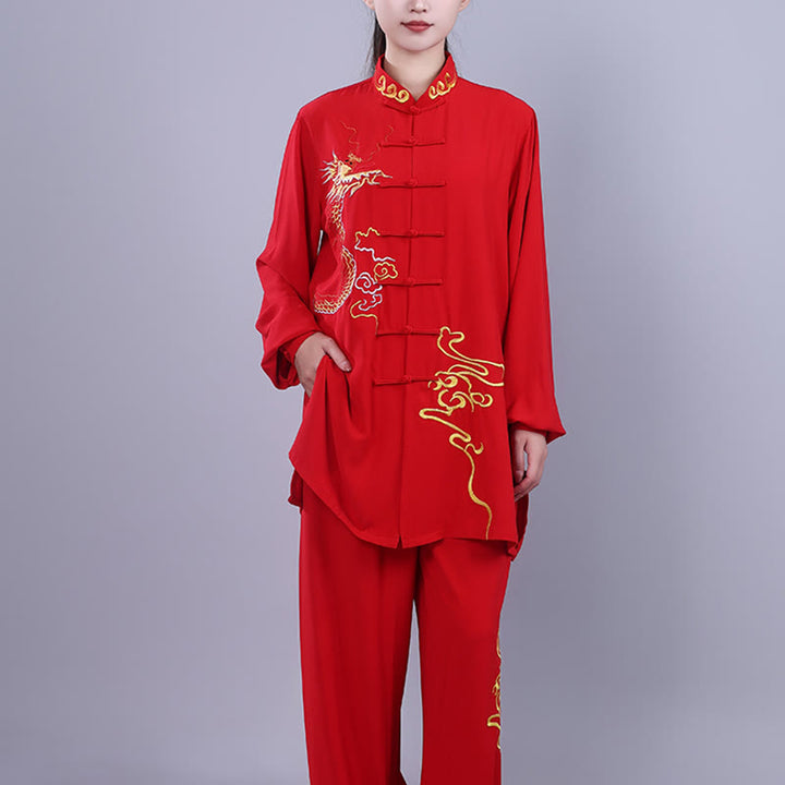 Buddha Stones 2Pcs Fall Embroidery Dragon Frog-Button Tai Chi Meditation Qigong Zen Practice Unisex Cotton Clothing Set - image 18