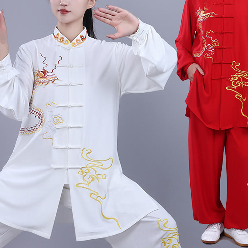 Buddha Stones 2Pcs Fall Embroidery Dragon Frog-Button Tai Chi Meditation Qigong Zen Practice Unisex Cotton Clothing Set