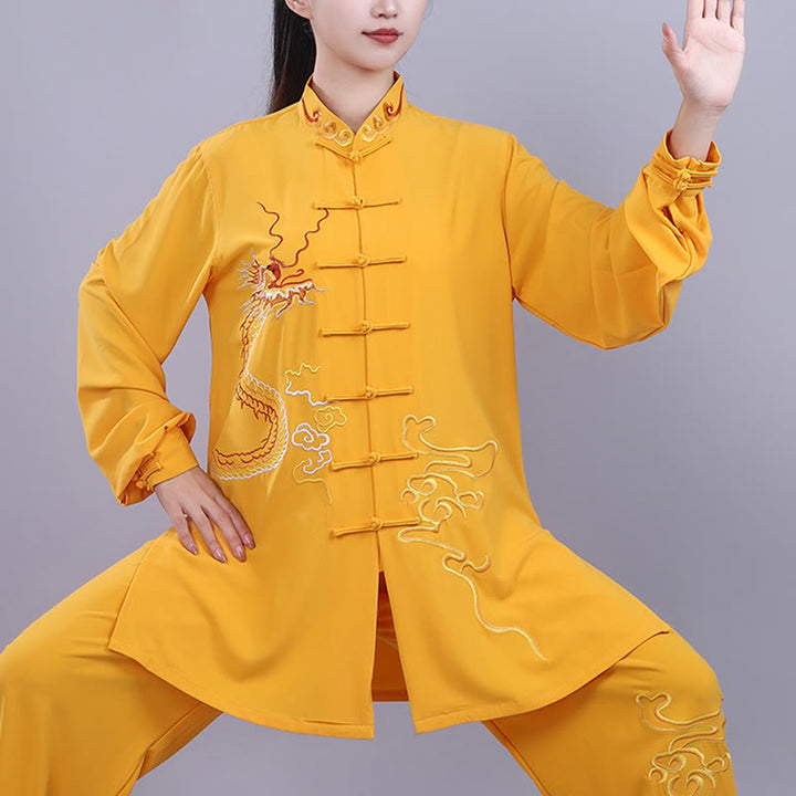 Buddha Stones 2Pcs Fall Embroidery Dragon Frog-Button Tai Chi Meditation Qigong Zen Practice Unisex Cotton Clothing Set - image 21