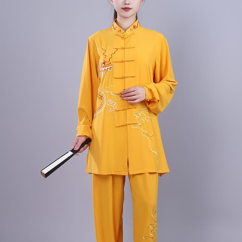 Buddha Stones 2Pcs Fall Embroidery Dragon Frog-Button Tai Chi Meditation Qigong Zen Practice Unisex Cotton Clothing Set - image 22