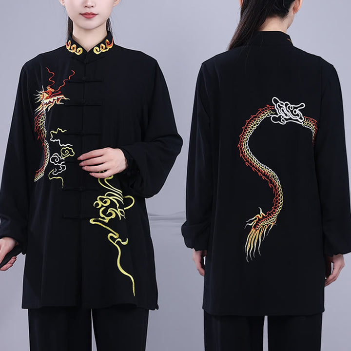Buddha Stones 2Pcs Fall Embroidery Dragon Frog-Button Tai Chi Meditation Qigong Zen Practice Unisex Cotton Clothing Set - image 4