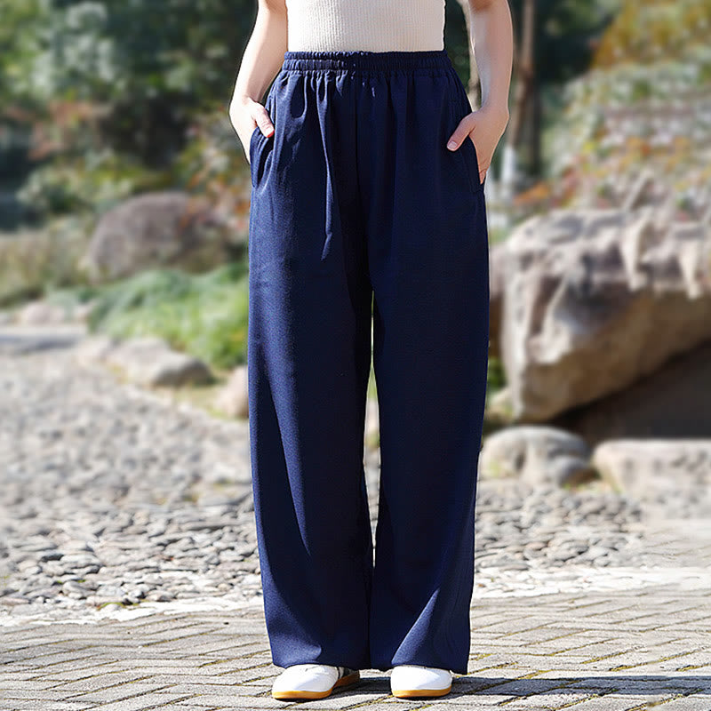 Buddha Stones Fall Winter Unisex Elastic Waist Tai Chi Qigong Practice Cotton Linen Fleece Lined Pants With Pockets - image 1