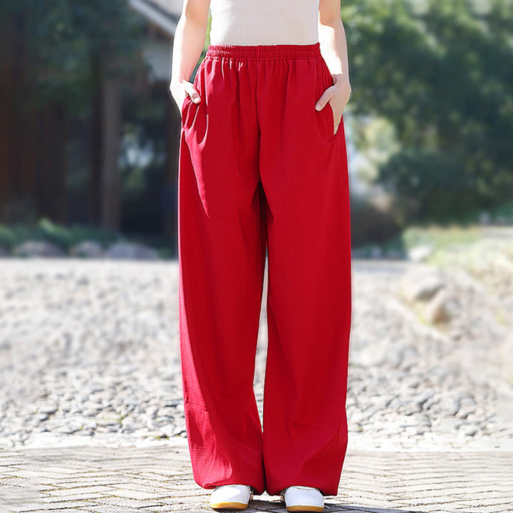 Buddha Stones Fall Winter Unisex Elastic Waist Tai Chi Qigong Practice Cotton Linen Fleece Lined Pants With Pockets - Red - 3XL-FIT FOR US/UK/AU/EU-XL - image 5
