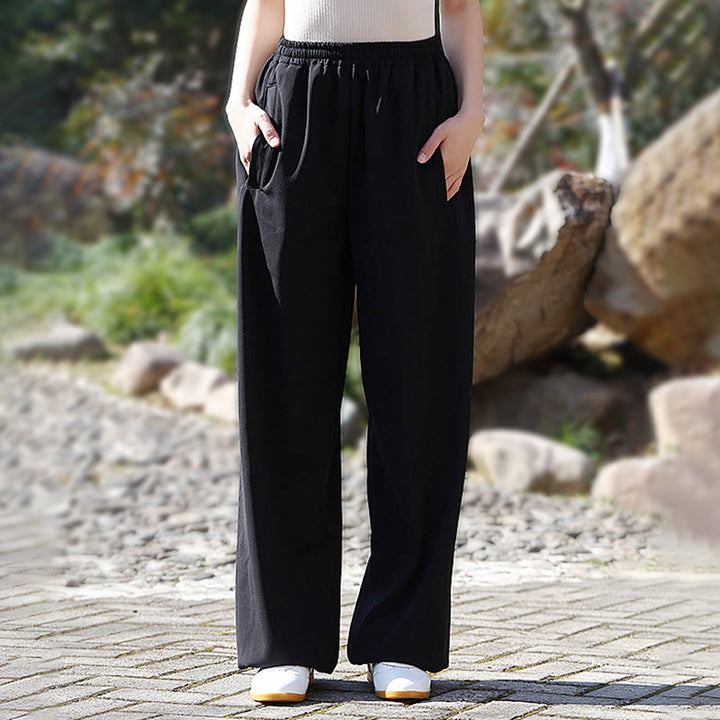 Buddha Stones Fall Winter Unisex Elastic Waist Tai Chi Qigong Practice Cotton Linen Fleece Lined Pants With Pockets - Black - 3XL-FIT FOR US/UK/AU/EU-XL - image 12