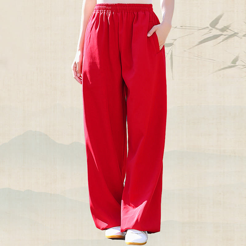 Buddha Stones Fall Winter Unisex Elastic Waist Tai Chi Qigong Practice Cotton Linen Fleece Lined Pants With Pockets - image 9