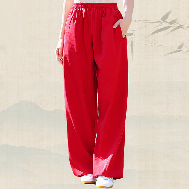 Buddha Stones Fall Winter Unisex Elastic Waist Tai Chi Qigong Practice Cotton Linen Fleece Lined Pants With Pockets - image 9