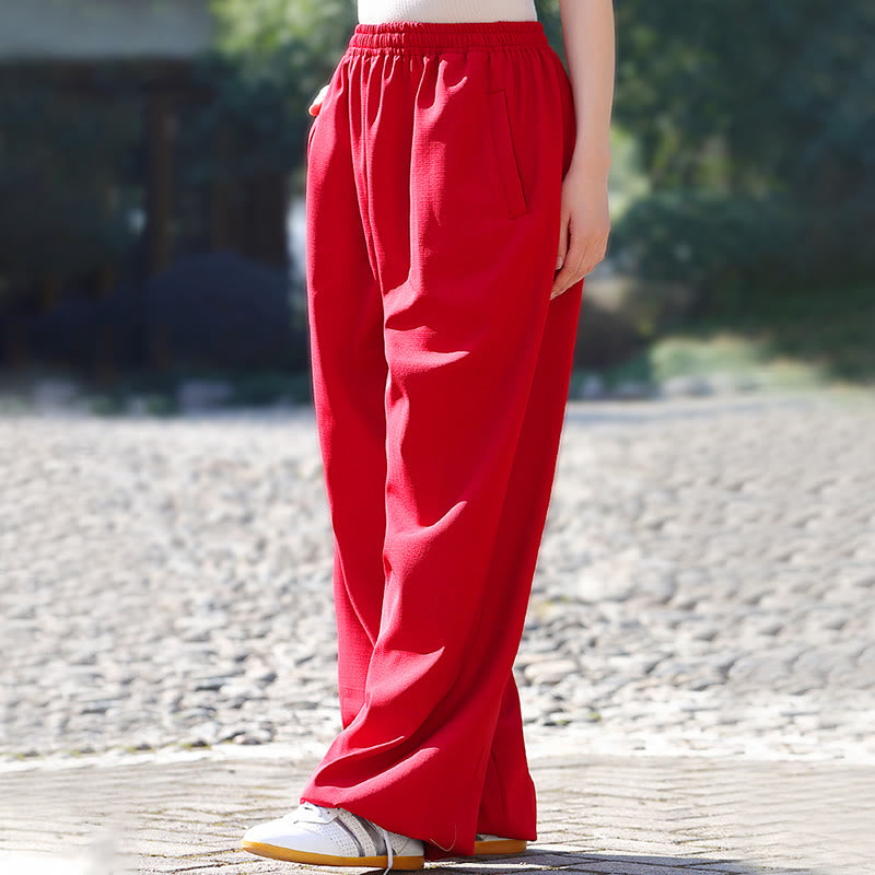 Buddha Stones Fall Winter Unisex Elastic Waist Tai Chi Qigong Practice Cotton Linen Fleece Lined Pants With Pockets - image 8