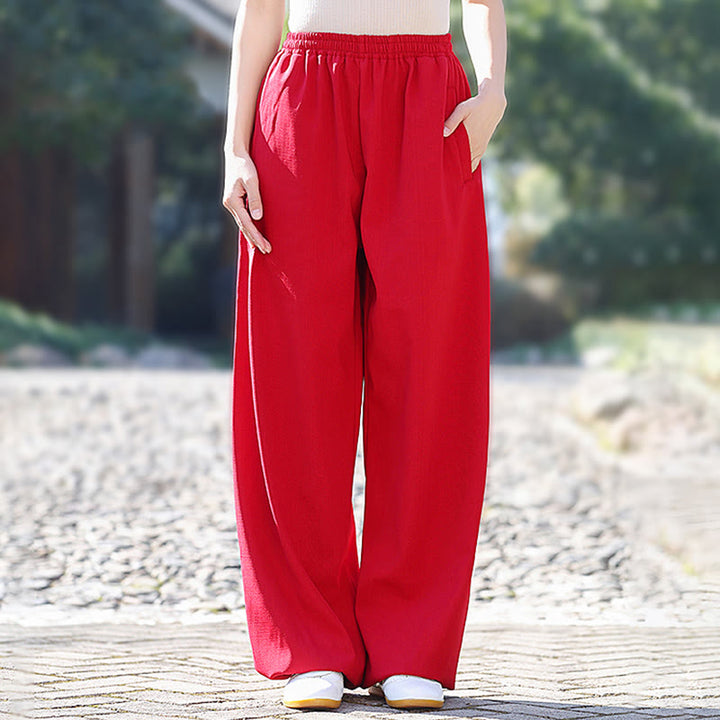 Buddha Stones Fall Winter Unisex Elastic Waist Tai Chi Qigong Practice Cotton Linen Fleece Lined Pants With Pockets - image 6