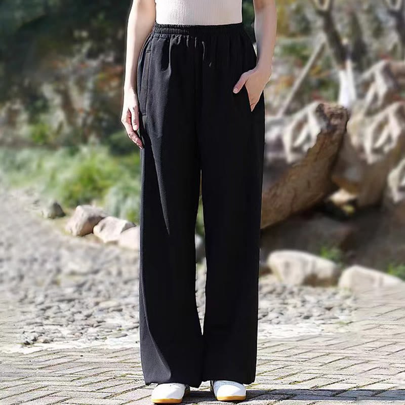 Buddha Stones Fall Winter Unisex Elastic Waist Tai Chi Qigong Practice Cotton Linen Fleece Lined Pants With Pockets - image 13