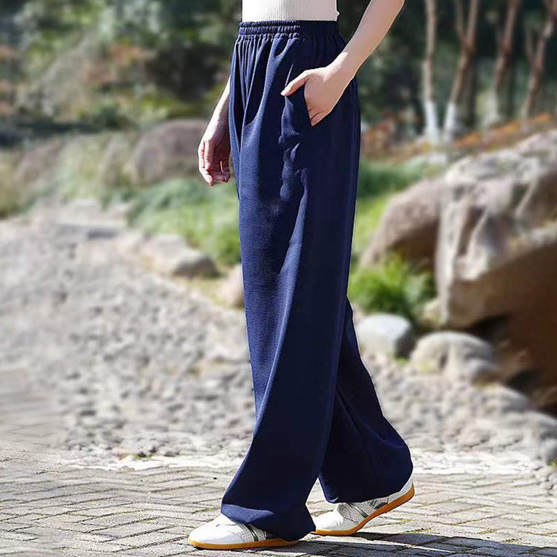 Buddha Stones Fall Winter Unisex Elastic Waist Tai Chi Qigong Practice Cotton Linen Fleece Lined Pants With Pockets - image 3