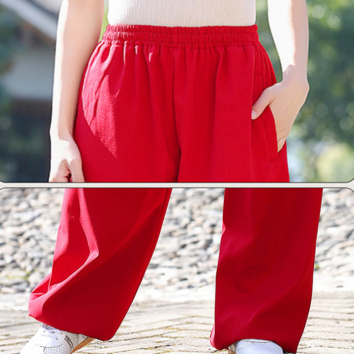 Buddha Stones Fall Winter Unisex Elastic Waist Tai Chi Qigong Practice Cotton Linen Fleece Lined Pants With Pockets - image 11