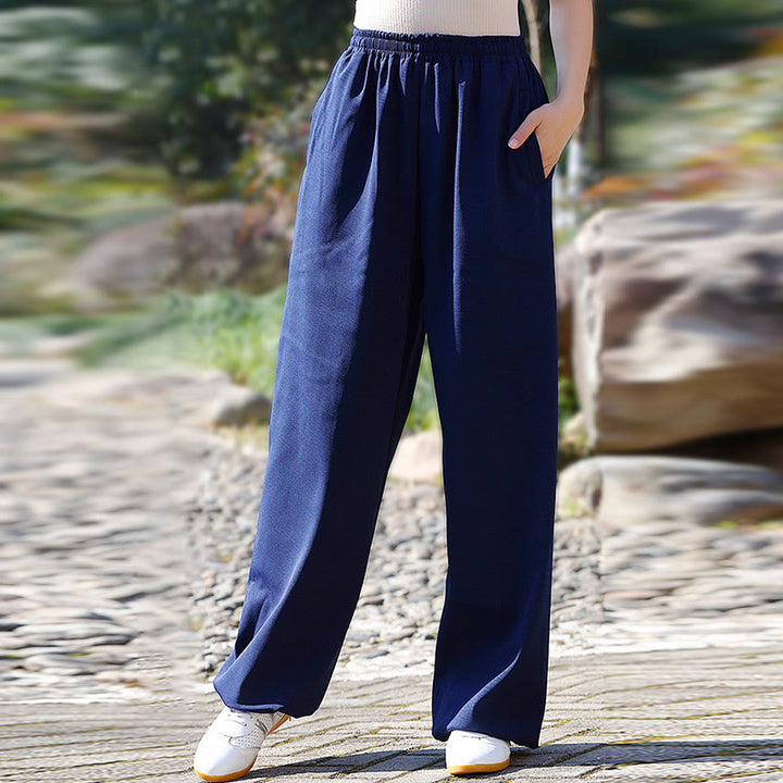 Buddha Stones Fall Winter Unisex Elastic Waist Tai Chi Qigong Practice Cotton Linen Fleece Lined Pants With Pockets - image 2