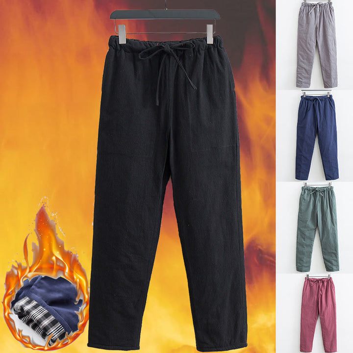 Buddha Stones Winter Solid Men's Drawstring Cotton Fleece Lined Pants With Pockets