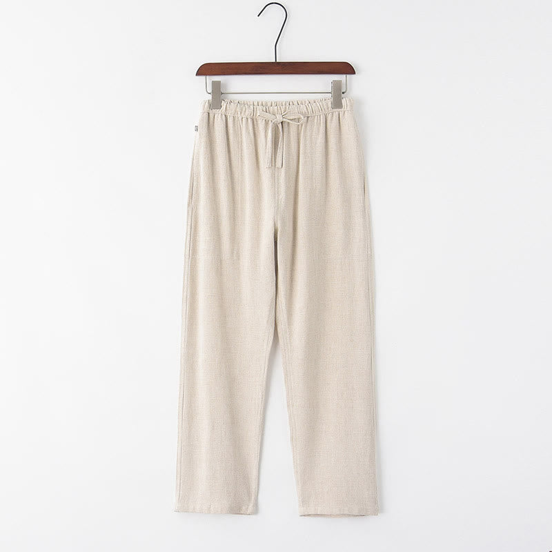 Buddha Stones Spring Summer Solid Men's Drawstring Linen Pants With Pockets