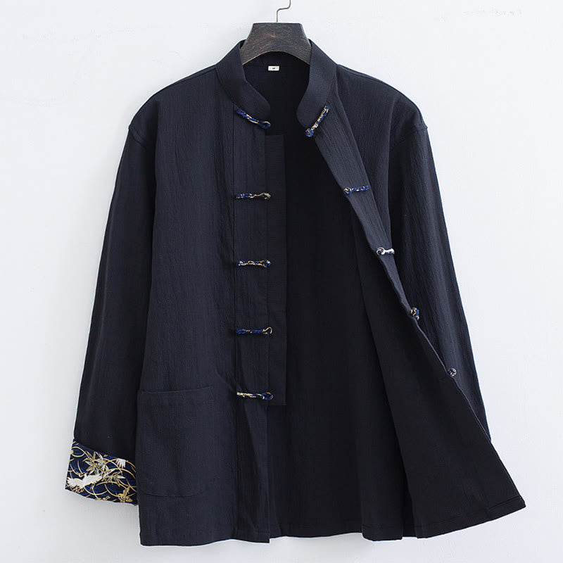 Buddha Stones Men's Frog-Button Tang Suit Cotton White Crane Embroidery Jacket Shirt With Pockets - image 2