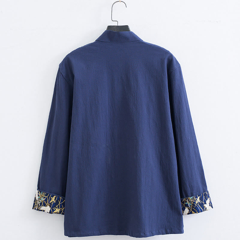 Buddha Stones Men's Frog-Button Tang Suit Cotton White Crane Embroidery Jacket Shirt With Pockets - image 11