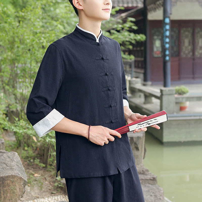 Buddha Stones 2Pcs Fall Men's Tang Suit Frog-Button Cotton Three Quarter Sleeve Shirt Pants Set - image 9