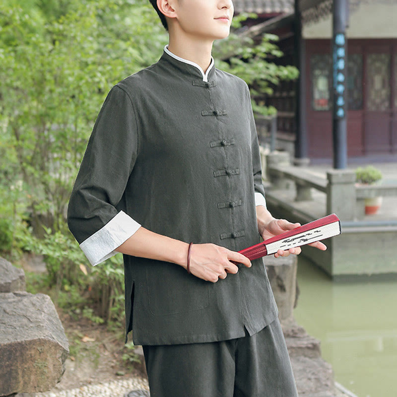 Buddha Stones 2Pcs Fall Men's Tang Suit Frog-Button Cotton Three Quarter Sleeve Shirt Pants Set - image 15