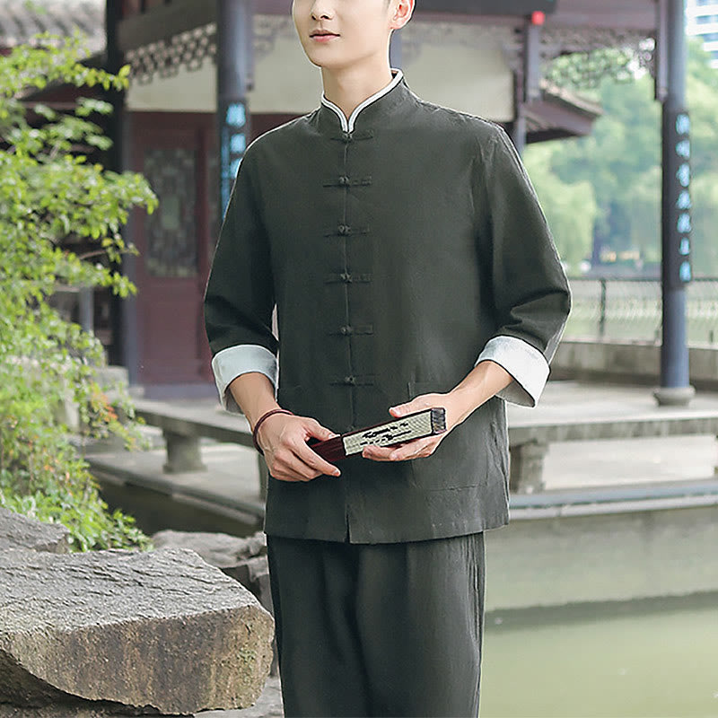 Buddha Stones 2Pcs Fall Men's Tang Suit Frog-Button Cotton Three Quarter Sleeve Shirt Pants Set - image 16