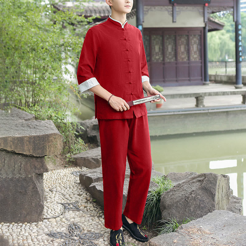 Buddha Stones 2Pcs Fall Men's Tang Suit Frog-Button Cotton Three Quarter Sleeve Shirt Pants Set - Crimson - US/UK/AU48，EU58 (6XL) - image 17