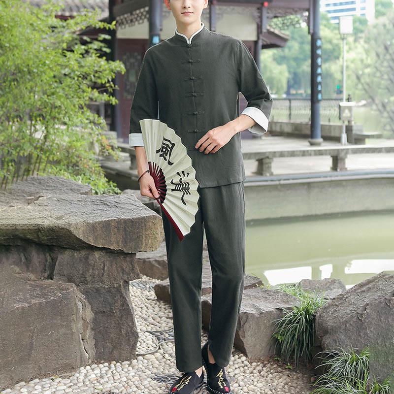 Buddha Stones 2Pcs Fall Men's Tang Suit Frog-Button Cotton Three Quarter Sleeve Shirt Pants Set - DarkSeaGreen - US/UK/AU48，EU58 (6XL) - image 14