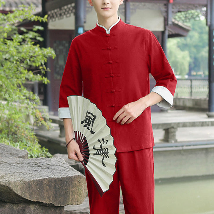 Buddha Stones 2Pcs Fall Men's Tang Suit Frog-Button Cotton Three Quarter Sleeve Shirt Pants Set