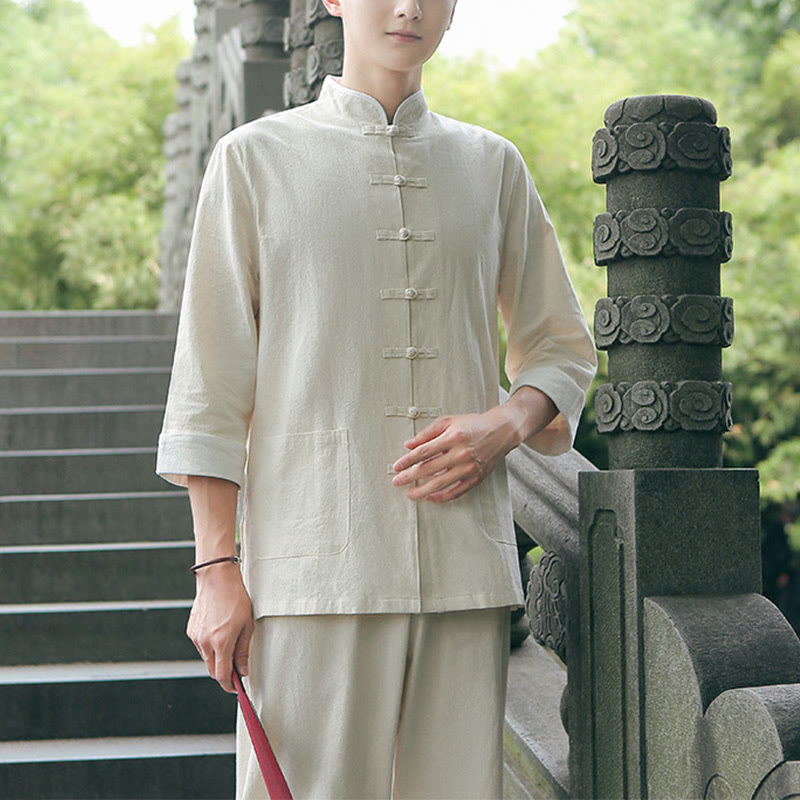 Buddha Stones 2Pcs Fall Men's Tang Suit Frog-Button Cotton Three Quarter Sleeve Shirt Pants Set - image 3