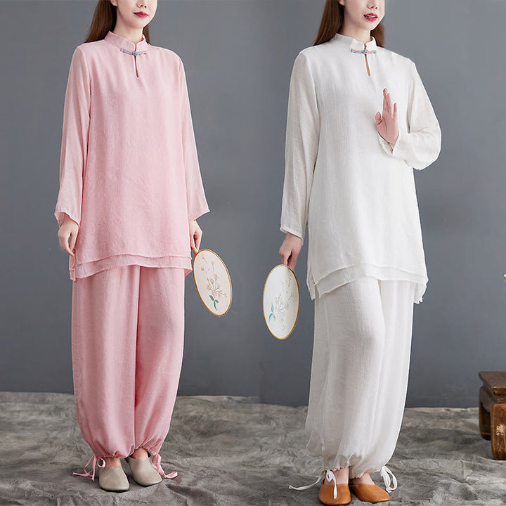 Buddha Stones 2Pcs Solid Women's Long Sleeve Shirt Pants Meditation Clothing Set - image 0