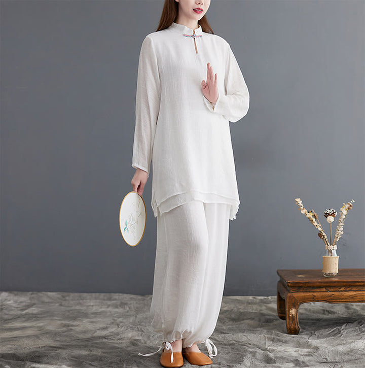 Buddha Stones 2Pcs Solid Women's Long Sleeve Shirt Pants Meditation Clothing Set - White - US8-10，UK/AU12-14，EU40-42 (2XL) - image 13