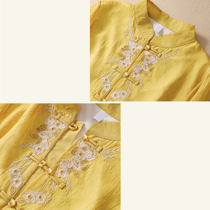 Buddha Stones Women's Flower Embroidery Frog-Button Shirt Dress Wide Leg Pants - image 13