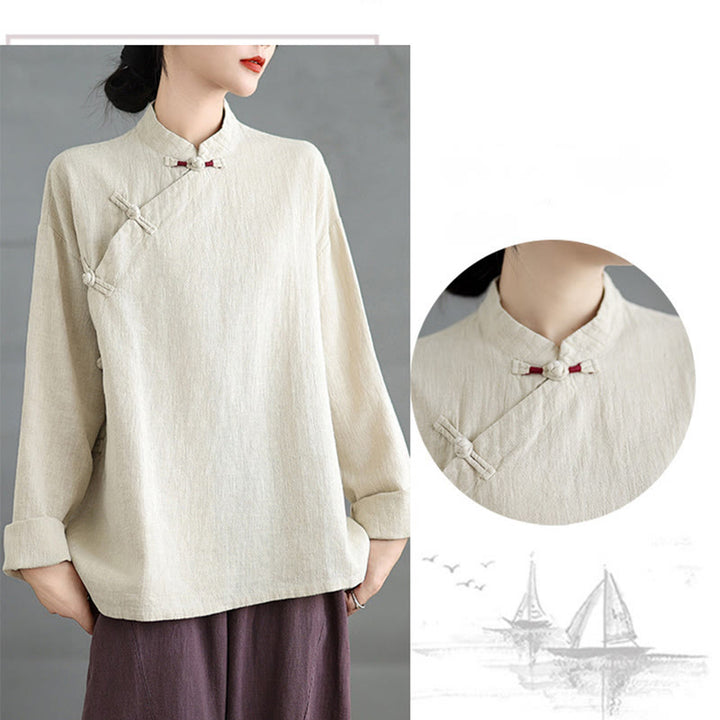 Buddha Stones Solid Color Frog-Button Long Sleeve Women's Shirt - image 6