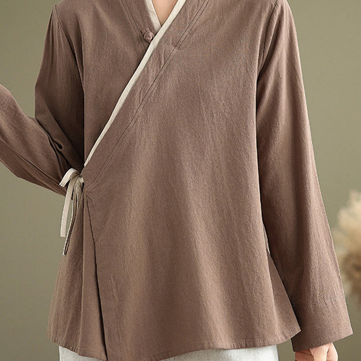 Buddha Stones Fall Solid Color Hanfu Long Sleeve Lace Up Women's Shirt - image 23