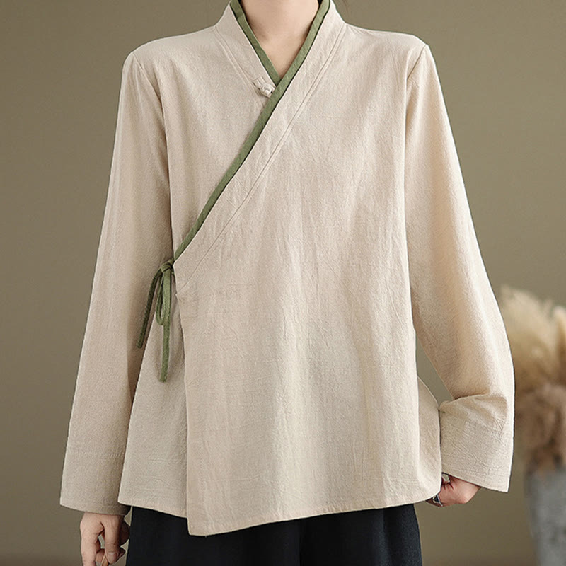 Buddha Stones Fall Solid Color Hanfu Long Sleeve Lace Up Women's Shirt - image 2