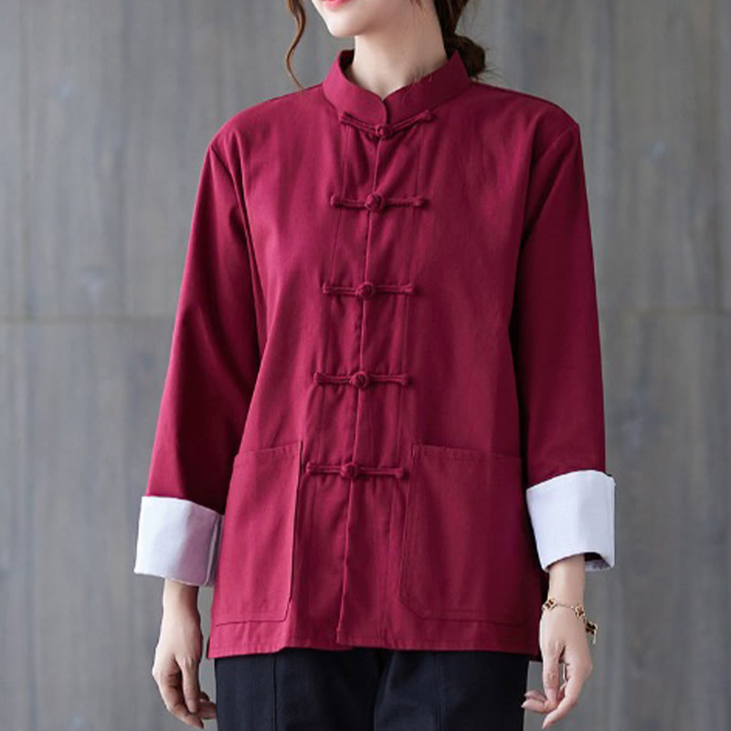 Buddha Stones Women's Frog-Button Long Sleeve Shirt Pants Meditation Cotton Linen Clothing - Burgundy Shirt - US8-10，UK/AU12-14，EU40-42 (2XL) - image 7
